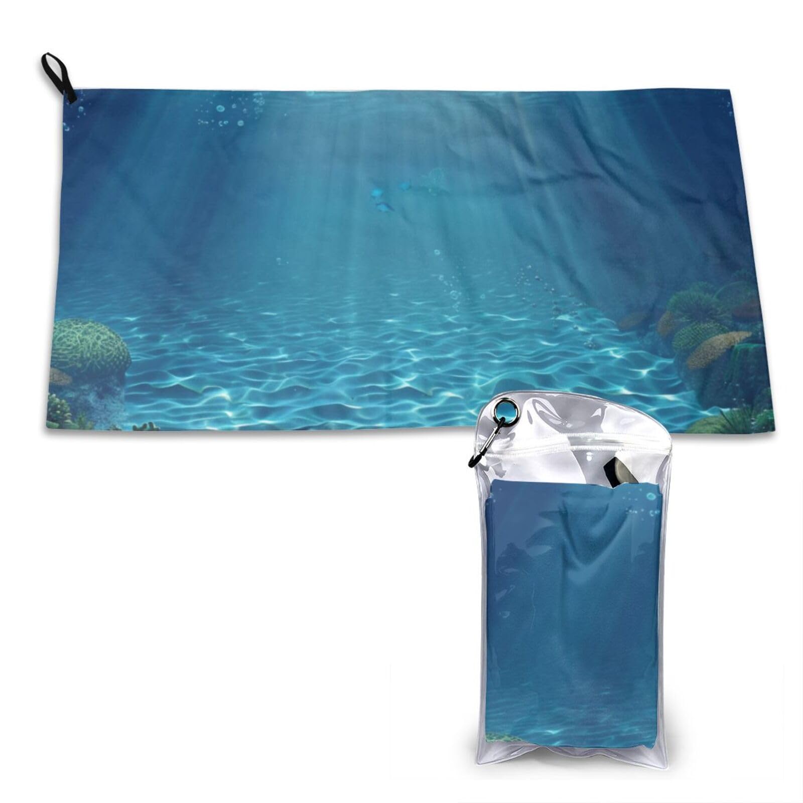 WPKJU Tranquil Underwater Scenery Printed Microfiber Quick Dry Towel 31.5x16in, Lightweight & Compact with PVC Pouch & Carabiner - for Beach, Camping, Gym, Travel & Home Use