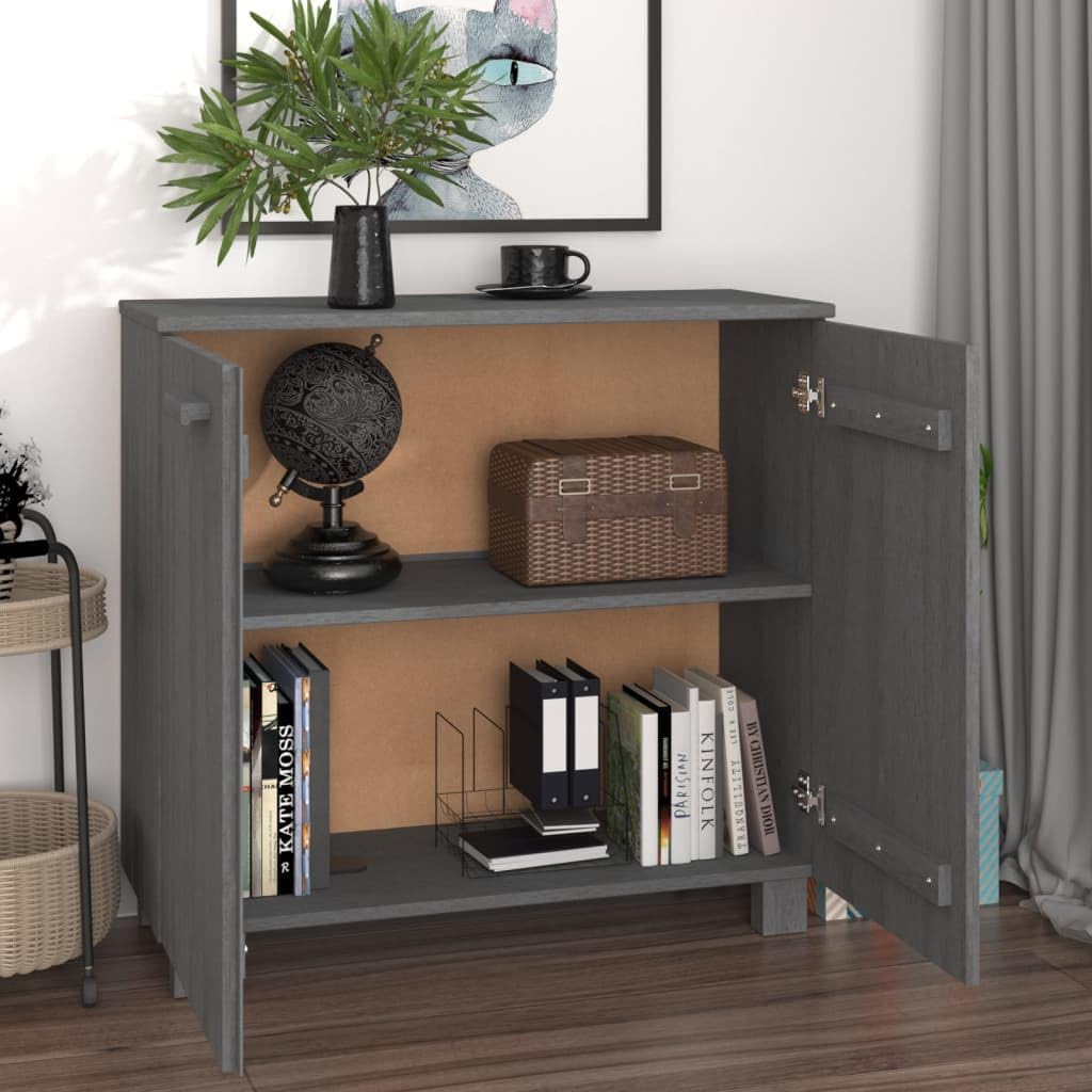 Dark Grey Solid Pine Wood Sideboard with MDF Large Storage, 2 Doors and Built-in Shelves for Living Room Dining Area, Rustic Style Furniture for Home Decor, Durable Lacquered