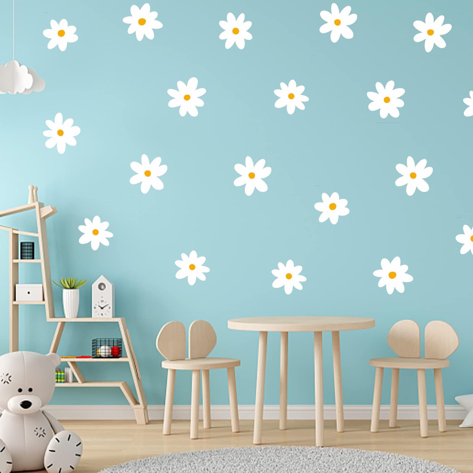 iinuu White Daisy Wall Decals for Baby Girls Toddler Kids Bedroom, Retro Flower Wall Decals Peel and Stick Vinyl Daisy Floral Wall Stickers for Nursery Playroom Living Room Classroom Wall Decor