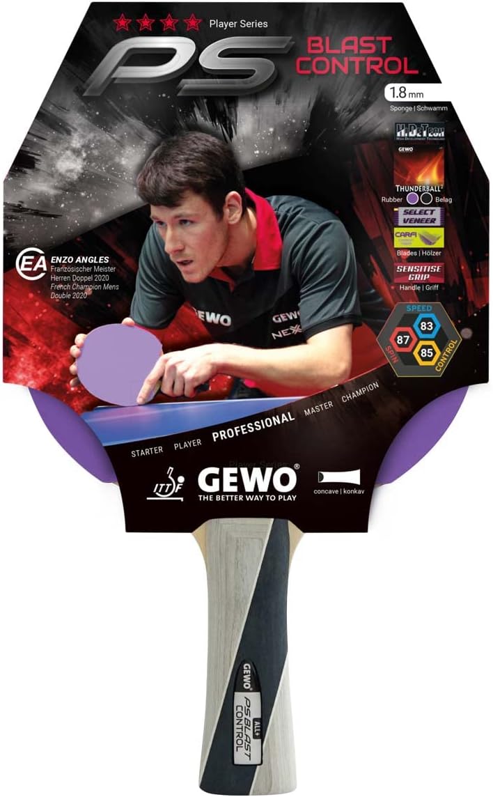 GEWO PS Blast Control Table Tennis Bat - ITTF Approved Professional Table Tennis Bat, Ready Bat with Controlled Thunderball 2 Surface and High Rotation Properties, Concave, 1.8 mm Sponge