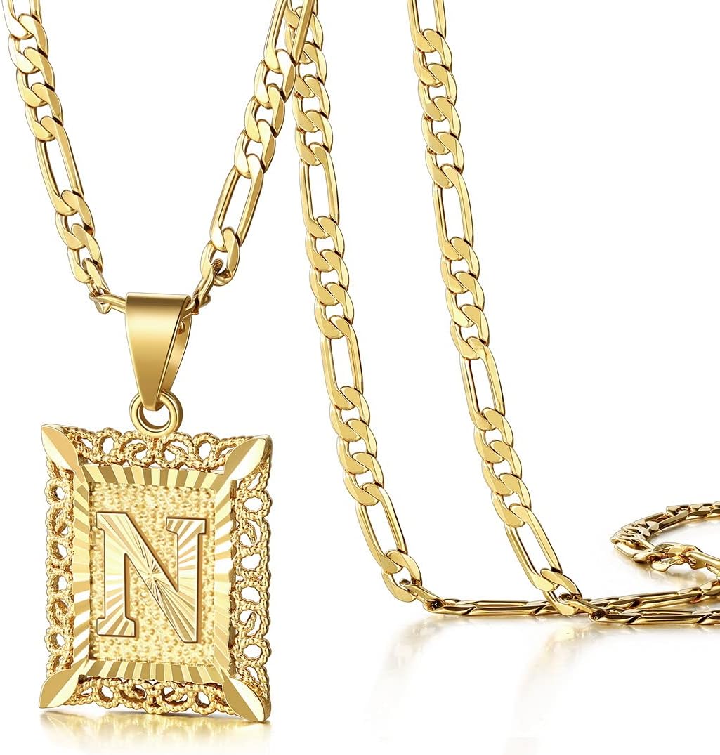 KissYanInitial Letter Pendant Necklace for Men Womens, 18K Gold Plated Square Capital Monogram Necklace Alhpabets from A-Z Figaro Chain Necklace