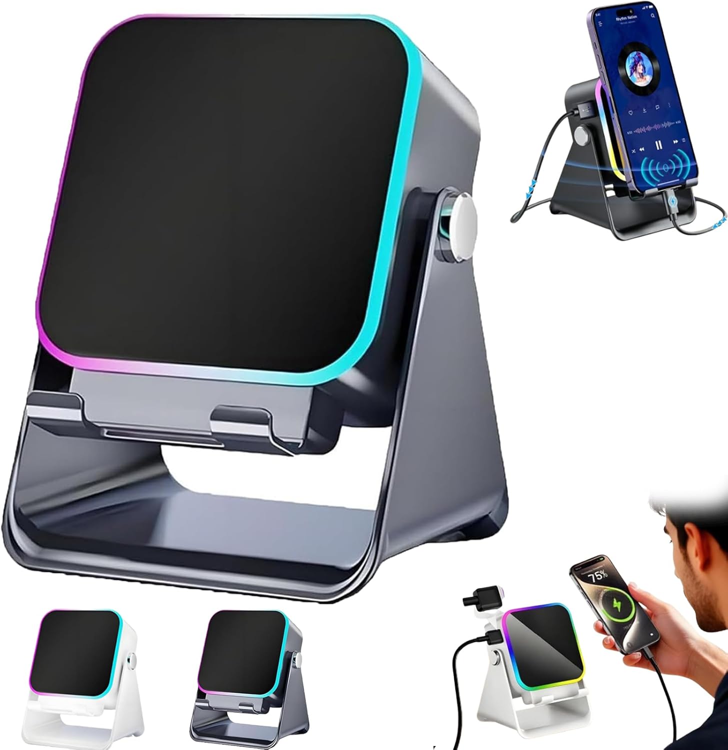 Wireless Induction Audio Speaker Stand-Smart Charging Sound, 50k-Wireless Induction Audio Speaker Stand, 5-in-1 Phone Stand, 3500mah Rechargeable Emergency Power, 360° Adjustable Phone (Black+White)