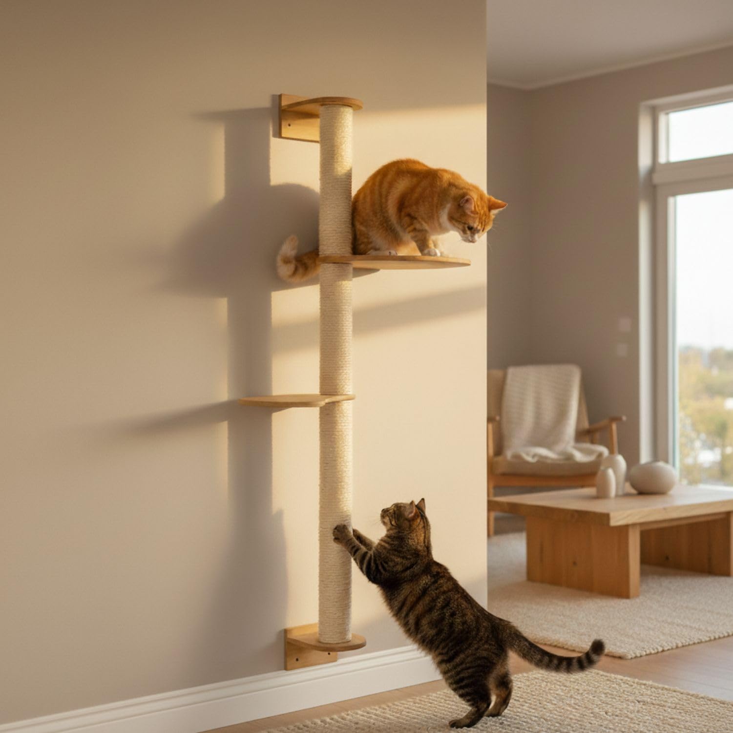 eyepower 130 cm Rascador de Pared Luna con 2 Plataformas de Bambú - Árbol para Gatos con Estanteria - Columna de Sisal Natural - Recorrido de Estantes - Torre Gato Estable - Poste Alto Fijación Mural