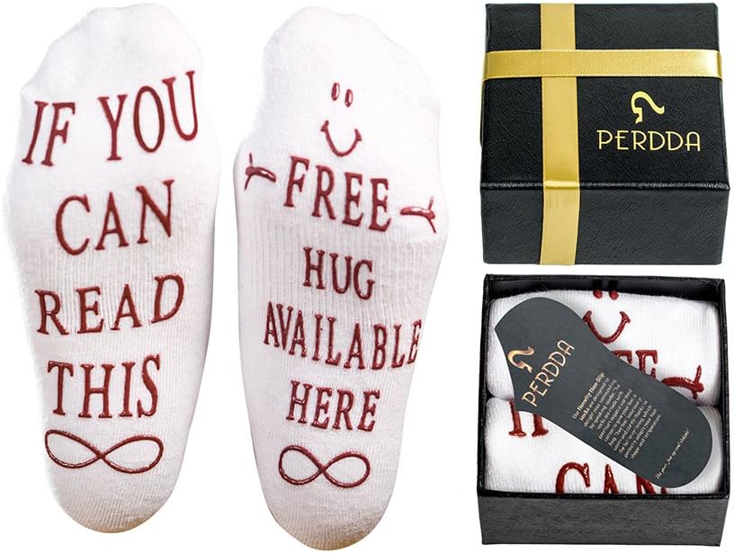 PERDDA Free Hug Novelty Crew Socks - Fun Cool Gift Idea for Men, Women with Gift Box