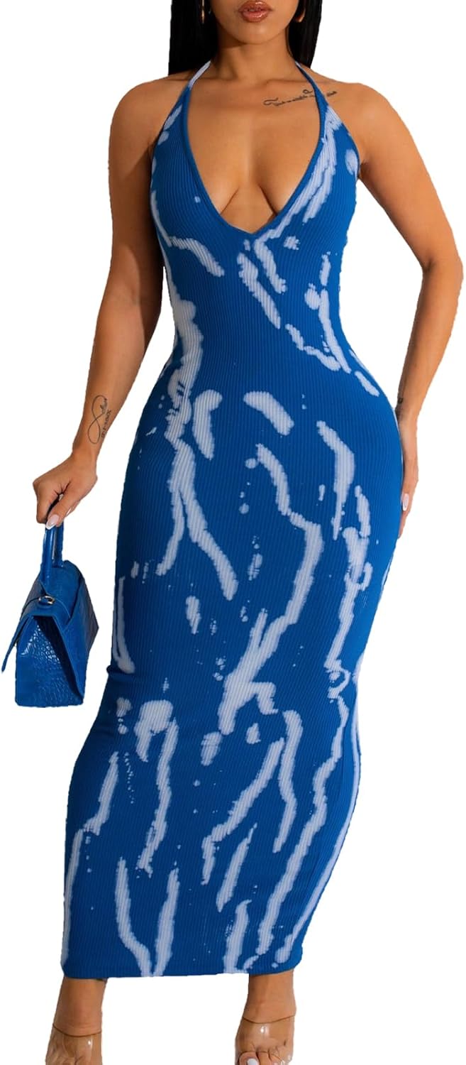 Women's Sexy Sleeveless Bodycon Dress Halter Party Club Maxi Dresses