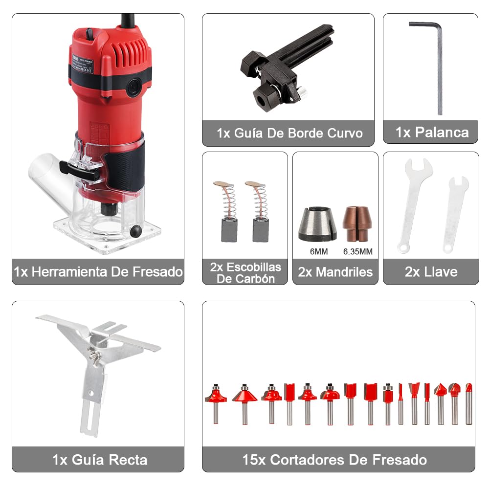 TEENO Fresadora De Madera Rebajadora Eléctrica 800W 31000 RPM CON EXTRACTOR DE POLVO, Fresadora EléCtrica Para Madera Con 15 piezas 1/4'' Alicates, Brocas de base fija de 6/6.35 mm