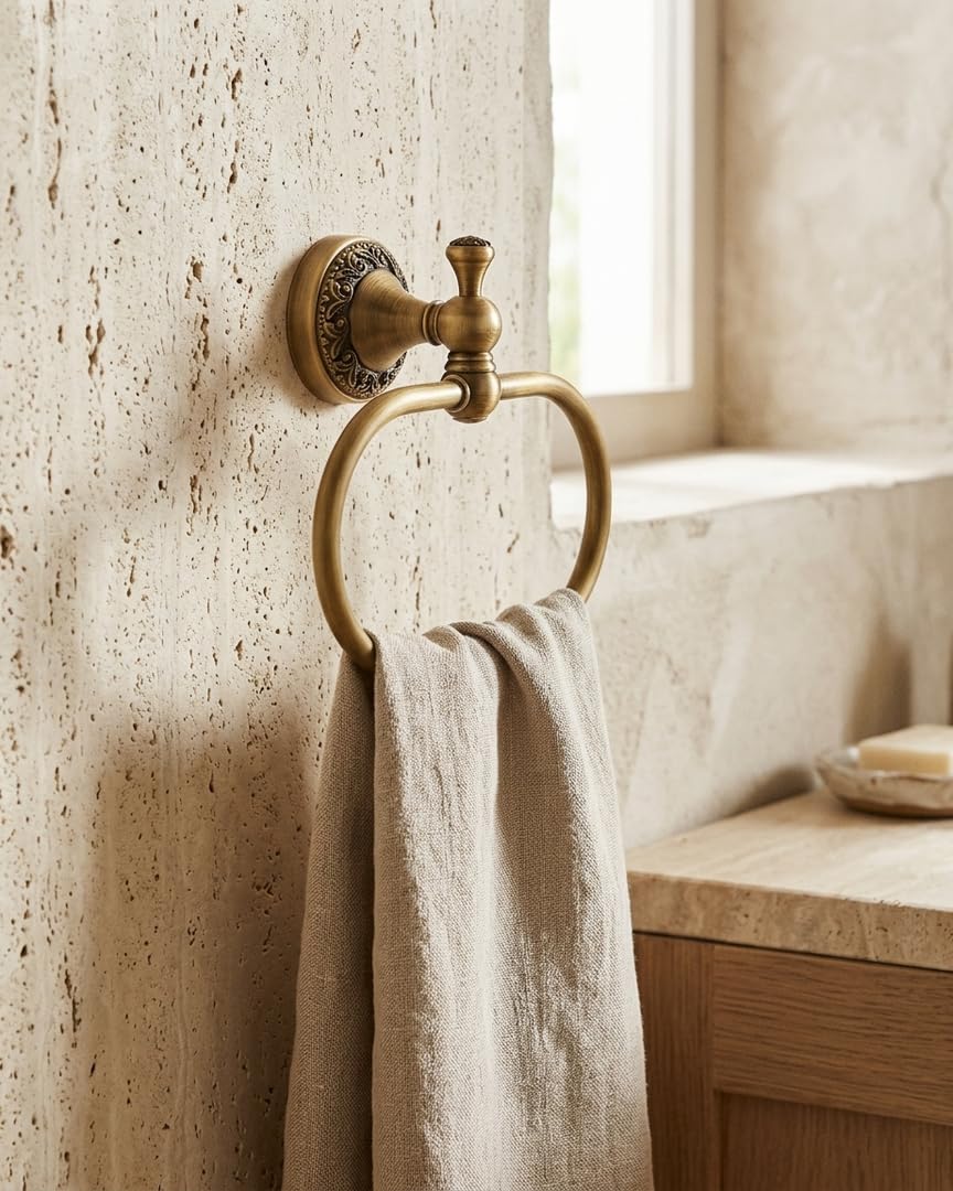 Porte-serviettes anneau en laiton antique Kinaree - Support mural décoré pour salle de bain
