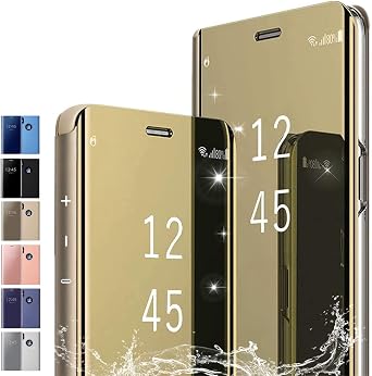 جراب لهاتف Oppo A83، جراب مرآة مطلي بالطلاء القابل للطي مع وظيفة الحامل،غطاء حماية شفاف مقاوم للصدمات للهاتف من مادة البولي كربونات/البولي يوريثين لهاتف Oppo A83، ذهبي