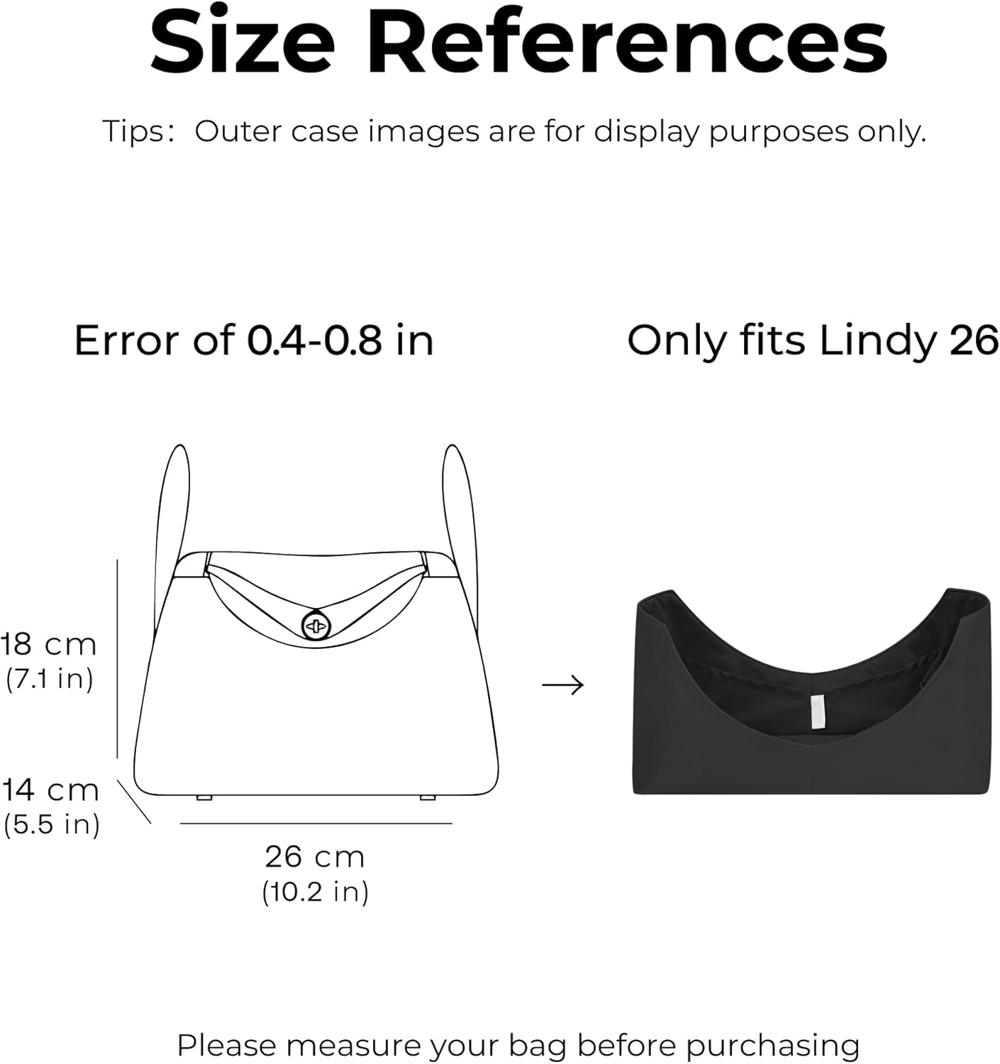 Tote Bag Organizer Insert for HERMES Lindy26,Custom Fit Inside Premium Matte Black Lightweight WaterResistant Purse Insert