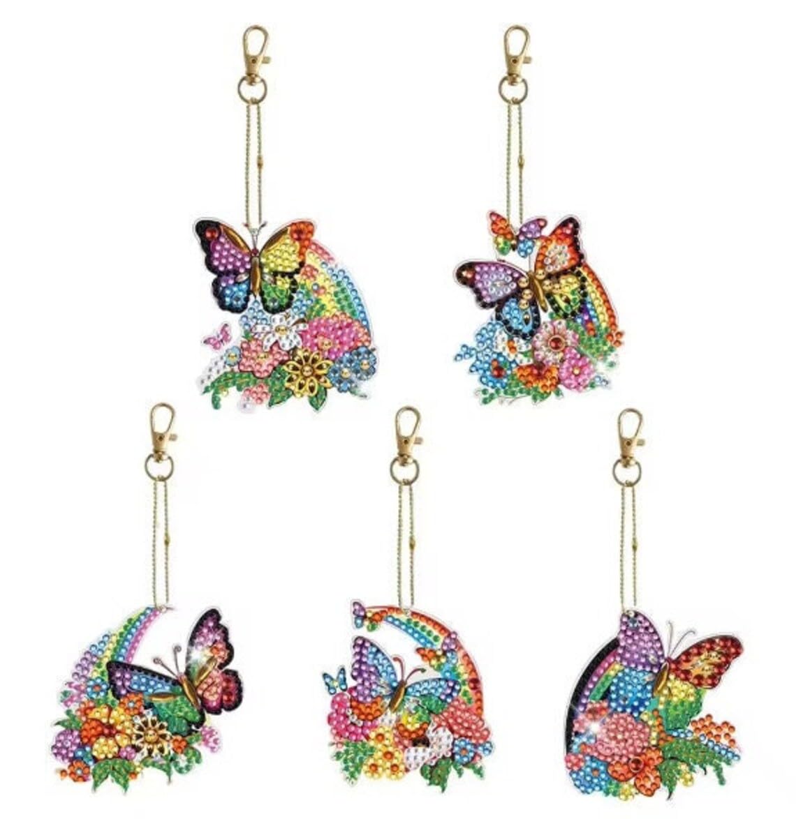 Syntego 5pcs 5D DIY Assorted Colourful Rainbow Butterfly Diamond Painting Keyrings/Keychains Kit for Adults Double Sided Rhinestone Craft Pendant