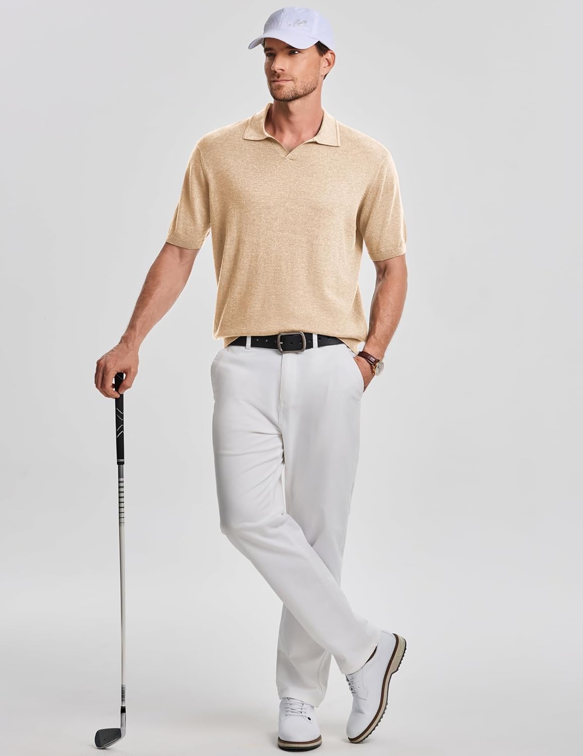 JMIERR Mens Wool Blend Polo Shirts Short Sleeve V Neck Knit Summer Casual Polos - Image 6