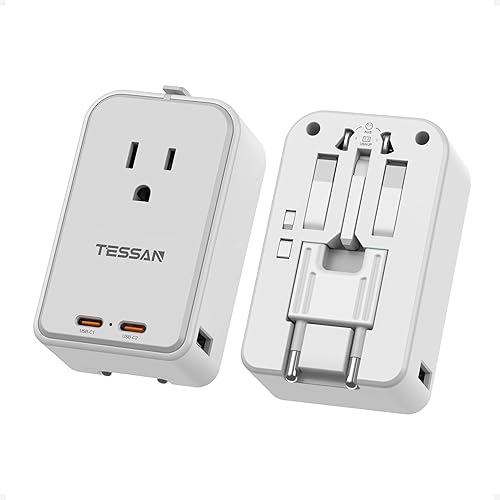 Miniatura 10 de TESSAN Adaptador de viaje PD de 20 W, adaptador de corriente universal 2 USB C 1 USB A, adaptador de enchufe internacional ultrafino, salida mundial