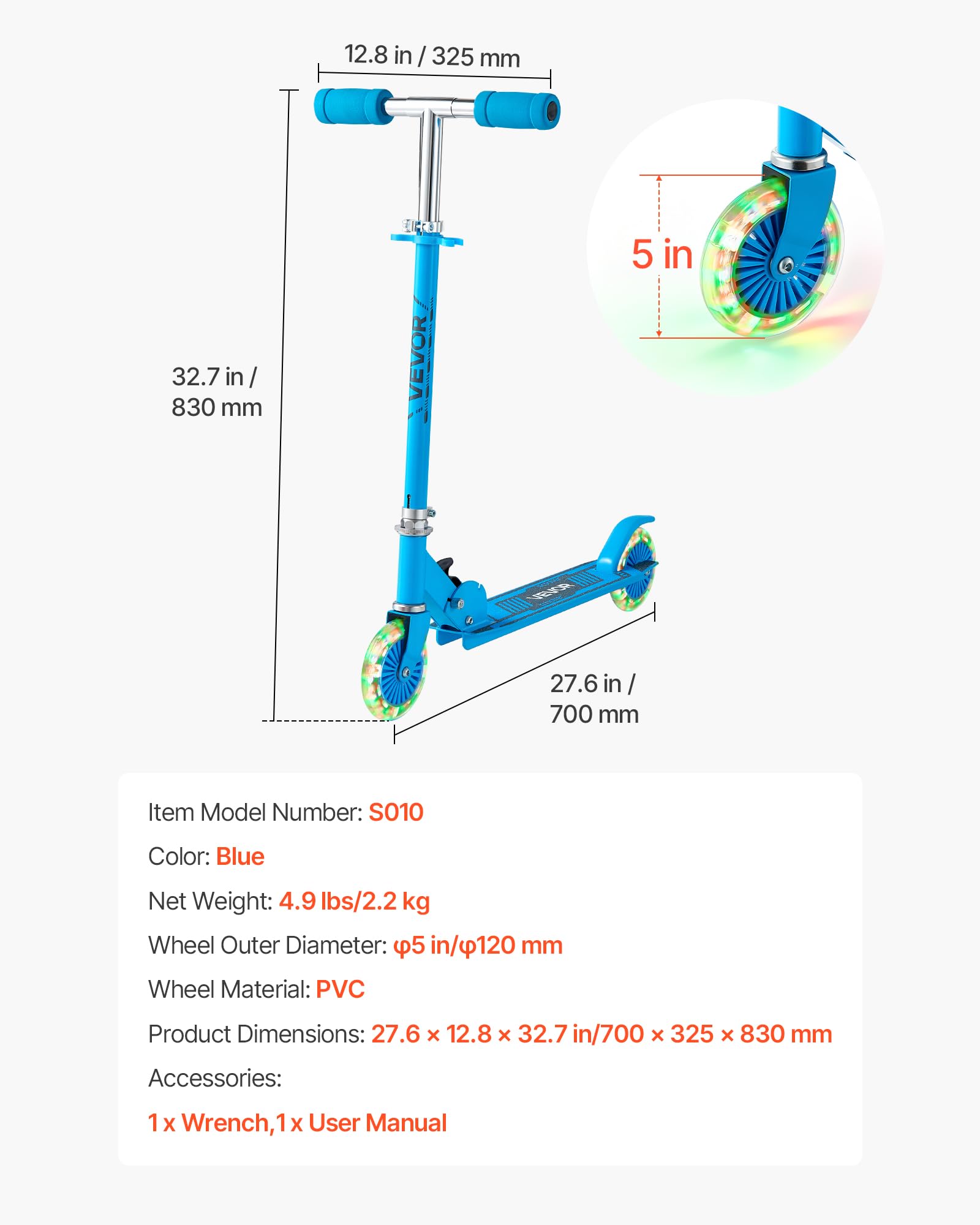 VEVOR Trottinette pour Enfants à partir de 3 Ans, patinette à 2 Roues Lumineuses, Guidon réglable en Hauteur, Large Plateau antidérapant, Cadre léger et Pliable pour garçons et Filles à 50 kg, Bleu