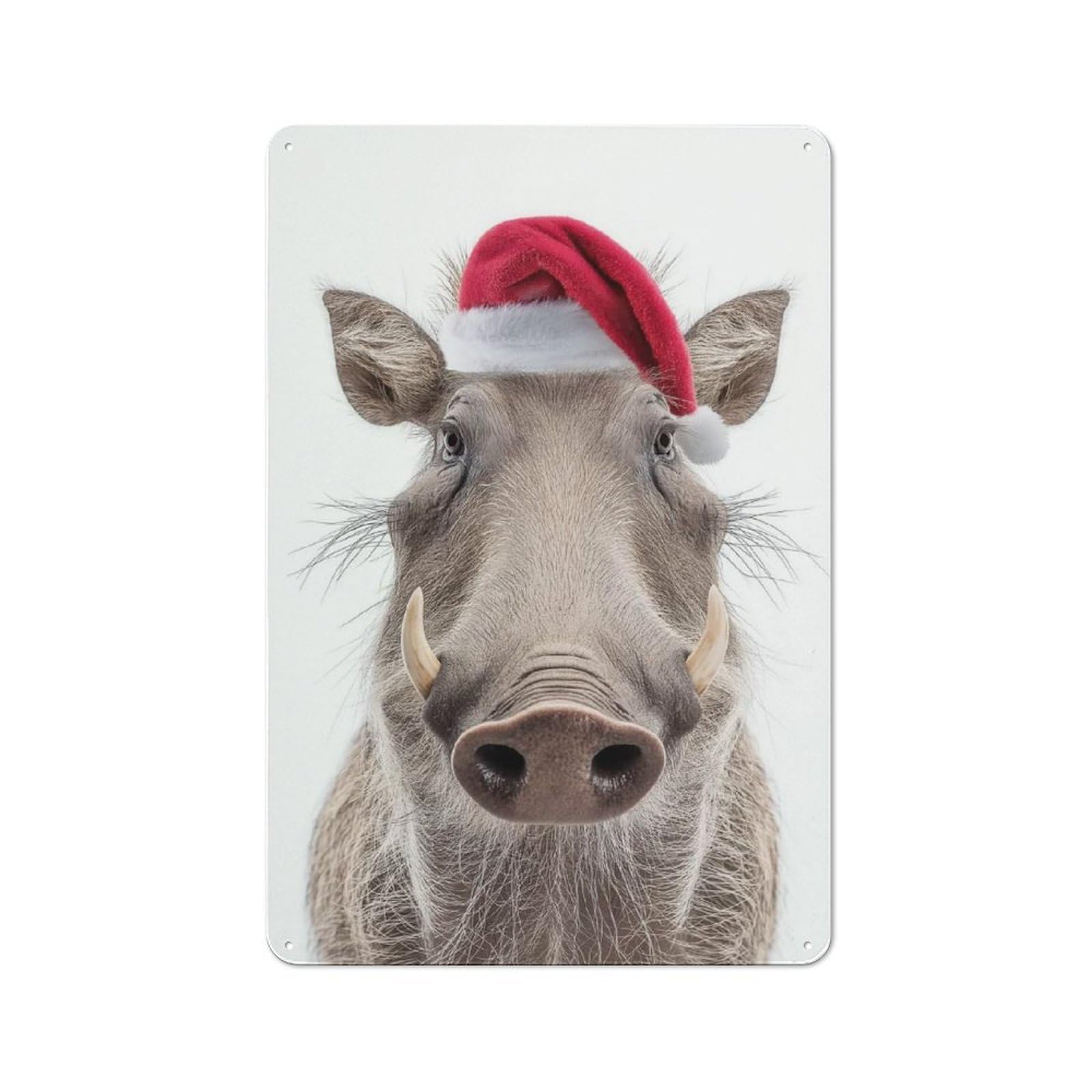 Junmoney Christmas Warthog With Santa Hat Rustic Metal Plaque 30X20cm For Lounge Or Reading Corner, For Home Office, Studio And Craft Room Walls