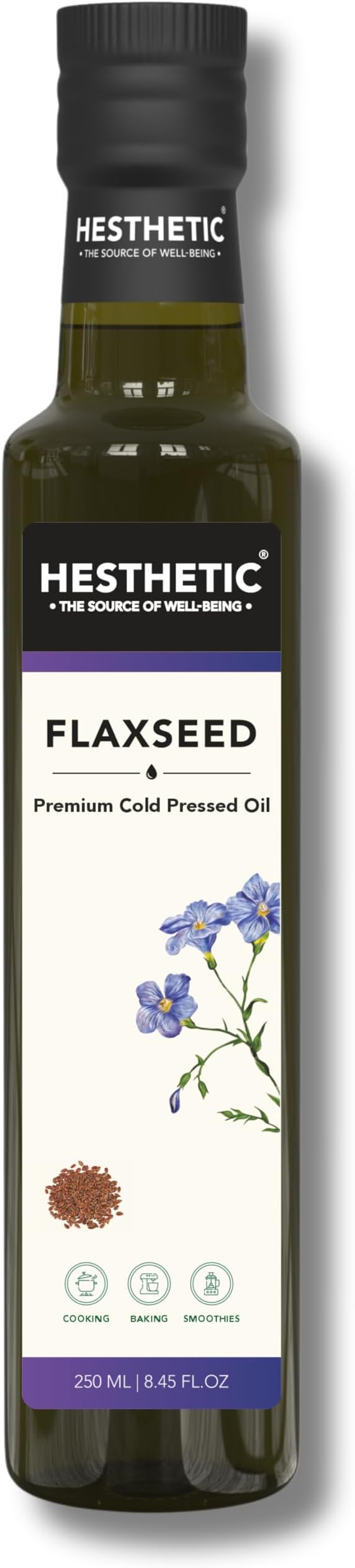 HESTHETIC Premium Virgin Cold Pressed Flaxseed Oil, 250ML, 100% Pure and Natural, Alsi Oil for Cooking, Salad, and Culinary Use, Rich in Omega-3, Glass Bottle