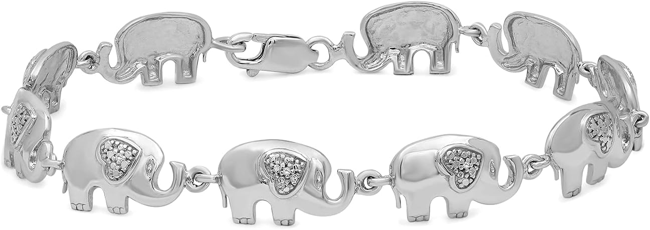 JEWELEXCESS Elephant Bracelet 14k Gold Plated or Sterling Silver Genuine White Diamond Elephant Jewelry for Women Hypoallergenic