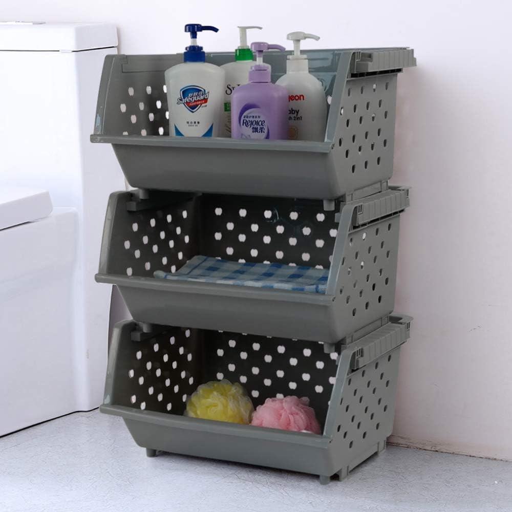 Begale 3-Pack Gray Plastic Stackable Detachable Storage Bin, Organizer Stacking Basket