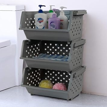 Begale 3-Pack Gray Plastic Stackable Detachable Storage Bin