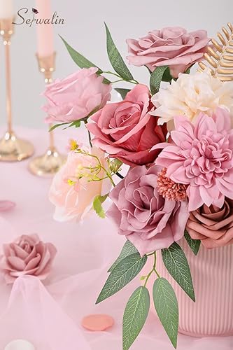 Miniatura 6 de Serwalin Flores artificiales para boda, flores rosas, flores falsas, rosas polvorientas, centros de mesa de despedida de soltera, flores de espuma