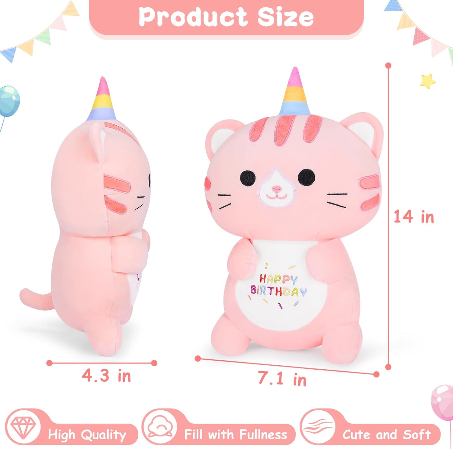 Achwishap Unicorn Cat Plush Stuffed Animal,Kawaii Birthday Cat Plush Toys-14” Happy Birthday Gifts Cute Plushies,Soft Pink Kitten Plushie Huggging Pillow,Cuddly Animal Plushie Doll for Kids Adults