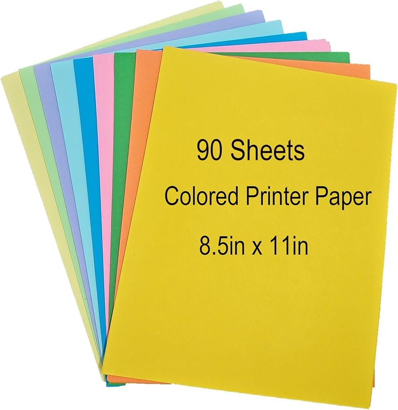 Papel de copia de color, papel de impresora de 8,5 x 11, 90 hojas de papel colorido, tamaño carta, brillo, arcoíris, papel de construcción de color ligero para manualidades, bricolaje, origami, escuela, suministros de oficina