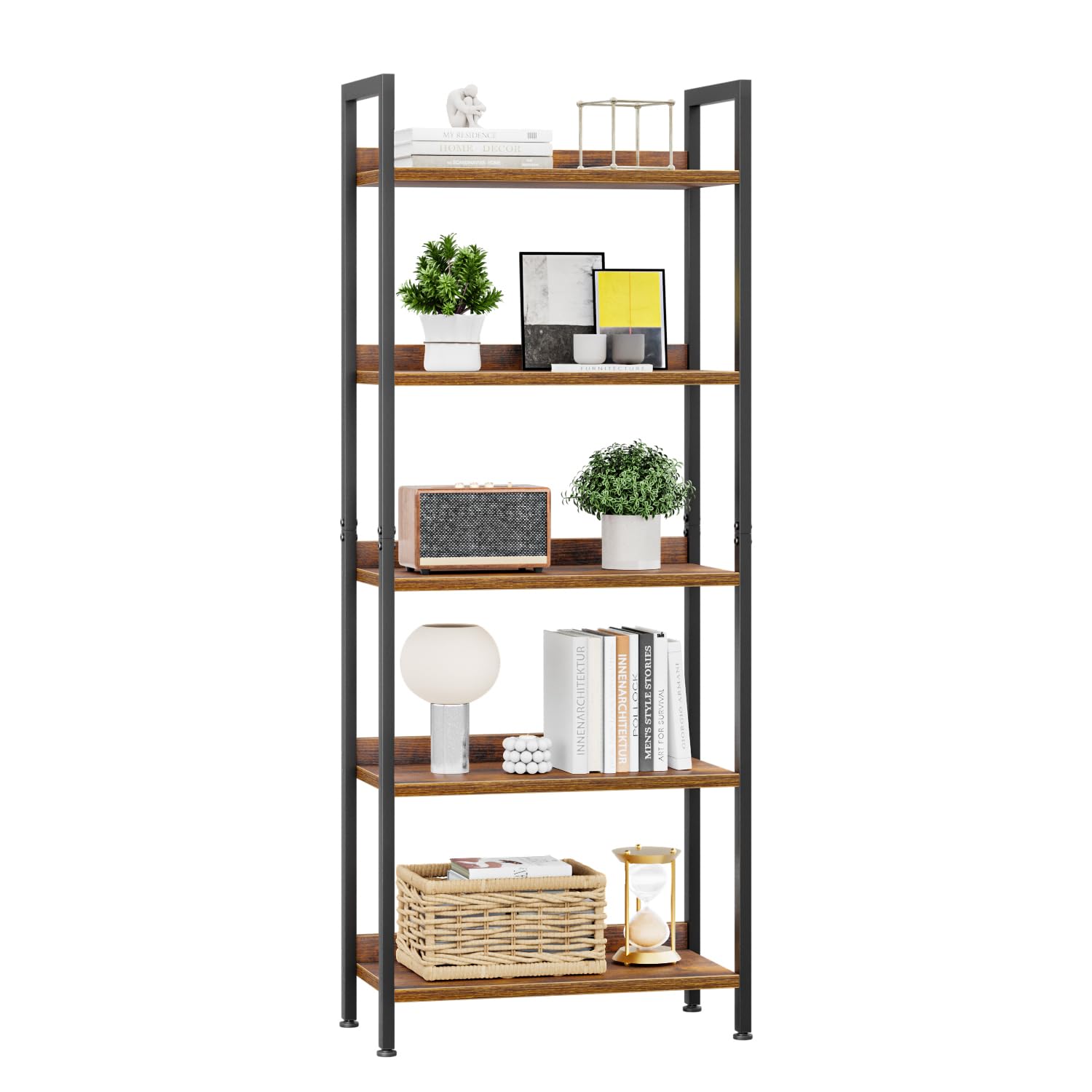 APPOLYN 5 Tier Bookshelf, Home Office Bookcase Shelf Storage Organizer, Floor Standing Storage Shelving Unit for Bedroom, Living Room and Home Office, Rustic Brown
