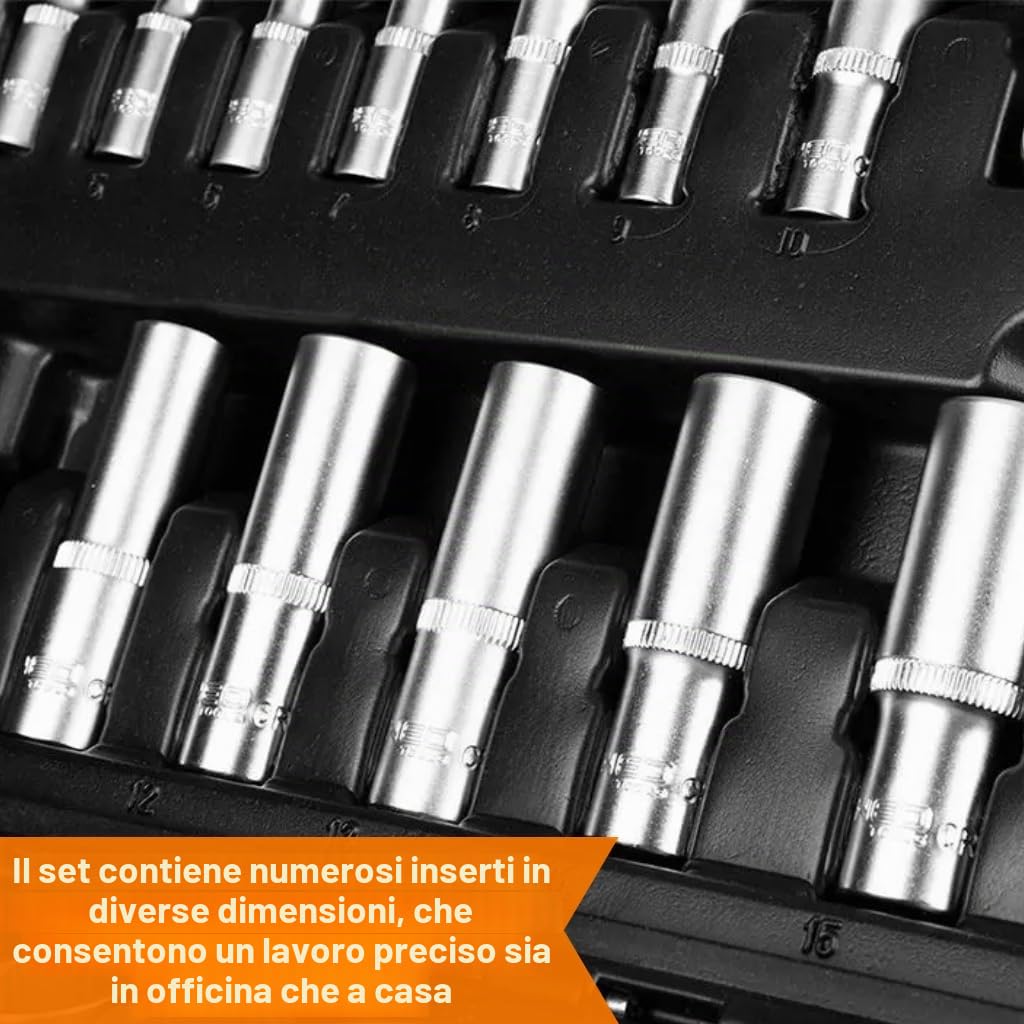 NEO TOOLS Set di Chiavi 216 Elementi 1/2", 3/8", 1/4" In Una Custodia Resistente | Chiavi A Bussola, Cacciaviti, Chiavi A Brugola, Cricchetti | Set Completo Per Officina, Garage, Fai Da Te | Robusta valigetta, chiave a bussola, cacciavite, chiave a brugol