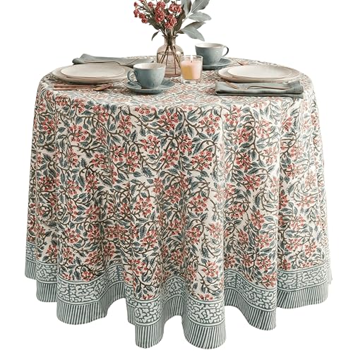 ATOSII Cotton Blockprint Round Tablecloth, Kalina, 90 Inches