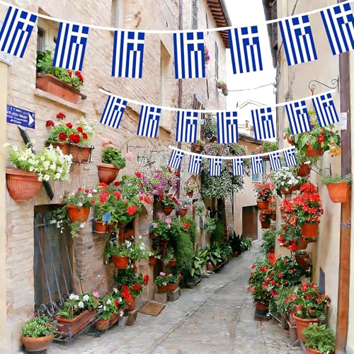 Image of AhfuLife 30 Pcs Greece String Flags for Independence Day Decorations, Small Greek Flag Bunting Banner - Double Sided for National Day Festival Party Decorations (5.5x8.3 Inch-33 Ft)