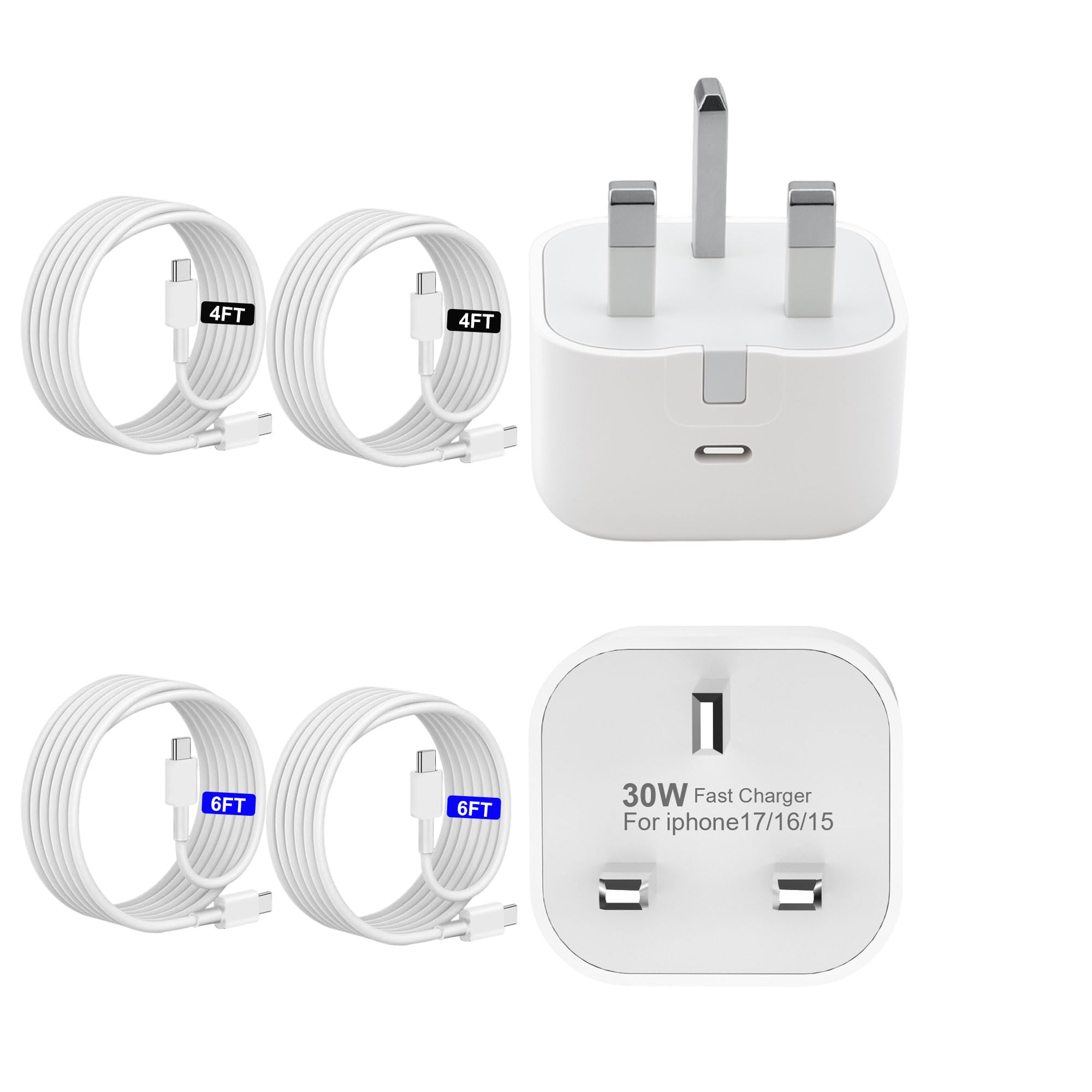 i Phone 17 16 15 Charger Fast Charging, 30W Type C Chargers, USB C Charger Block With 4FT&6FT Cable for i Phone 17/17 Plus/17 Pro Max/16/16 Plus/16 Pro Max/15 Pro Max, USBC UK Power Adapter