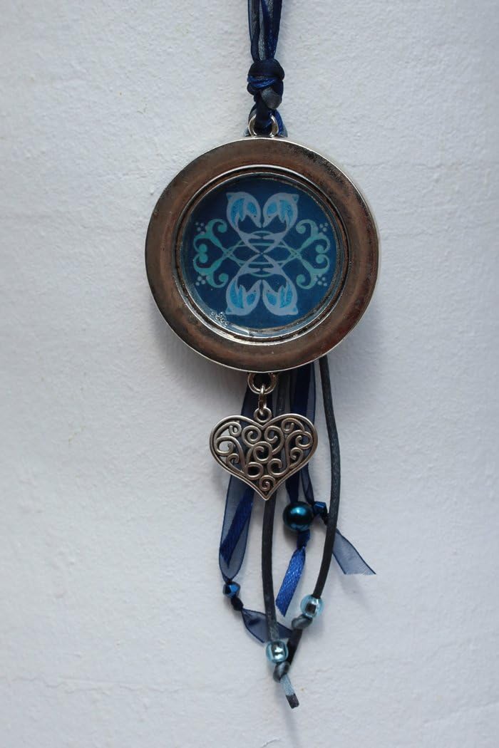 Romantic Long Necklace with Dolfin Mandala and Heart in Dark blue Green, Coastal Style Boho Jewelry for Woman, Unique Lariat with Dolphins, Dolphins4Love Design for Happiness Series