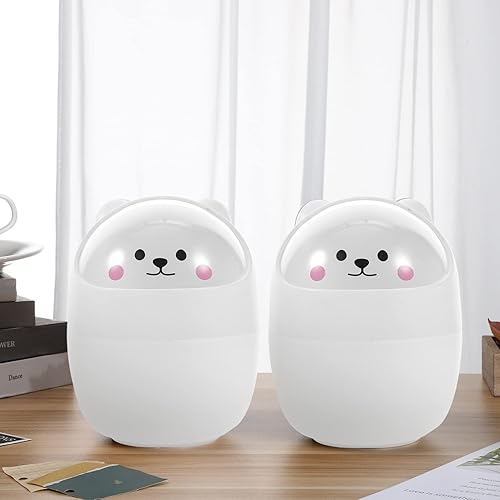 Miniatura 5 de VOSAREA Mini bote de basura de escritorio con forma de oso de dibujos animados cubo de basura pequeño con tapa de batido para escritorio de oficina