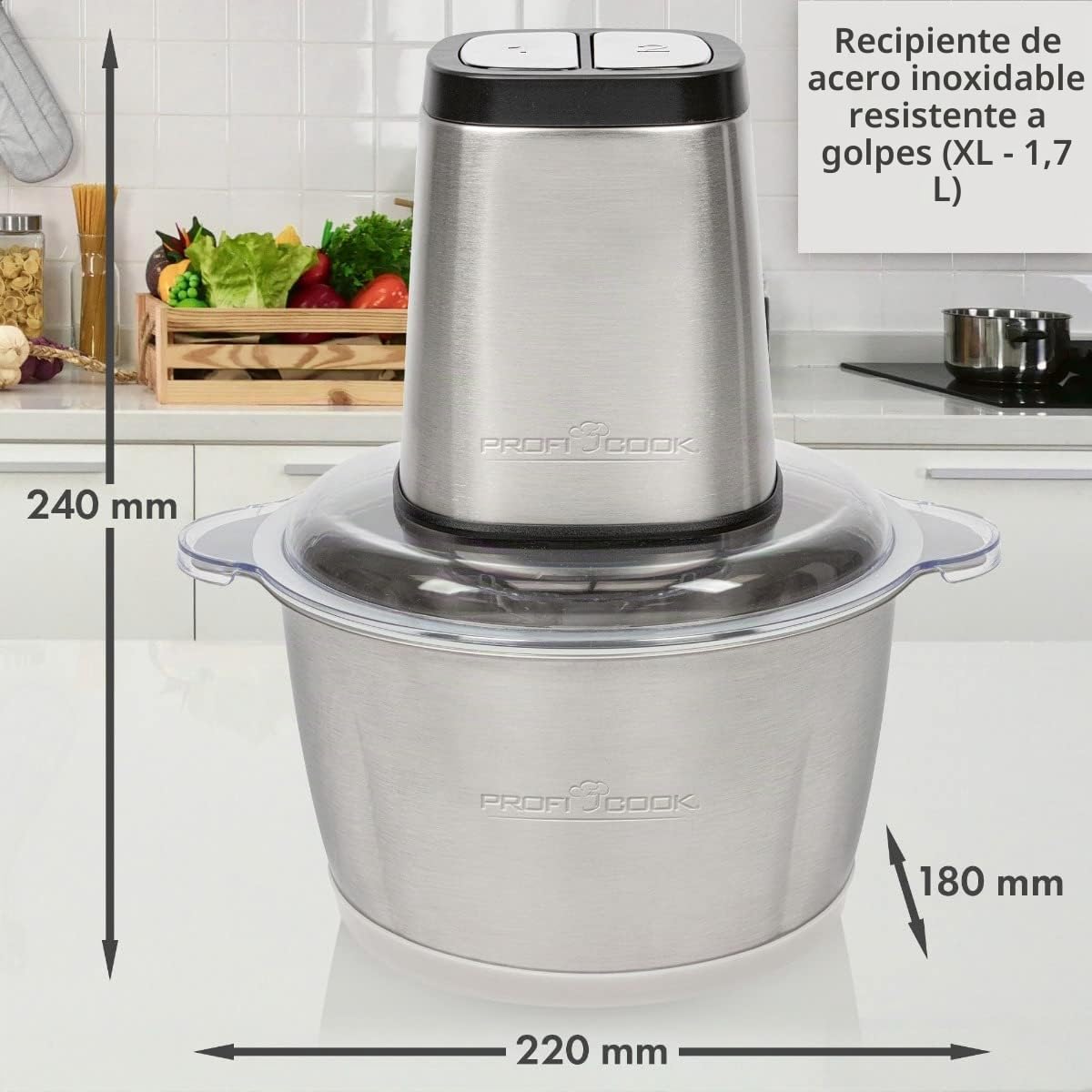 ProfiCook PC-MZ 1227 - Picadora eléctrica con función de trituración de hielo, cortador de verduras, recipiente de acero inoxidable de 1,7 l, cuchillo combinado para 2 o 4 cuchillas