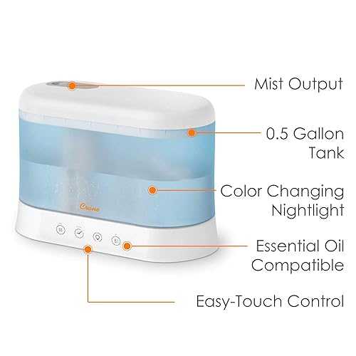 Miniatura 2 de Crane Humidificador de niebla fría de 1.9 litros y difusor de aceite esencial, silencioso, tiempo de funcionamiento de 15 horas, luz nocturna,