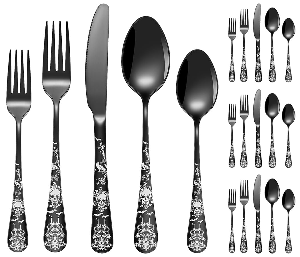 XIAOYU Set Posate 20 Pezzi Acciaio Inox Gotico Design Unico Halloween Teschio/Corvo/Fiore/Pipistrello