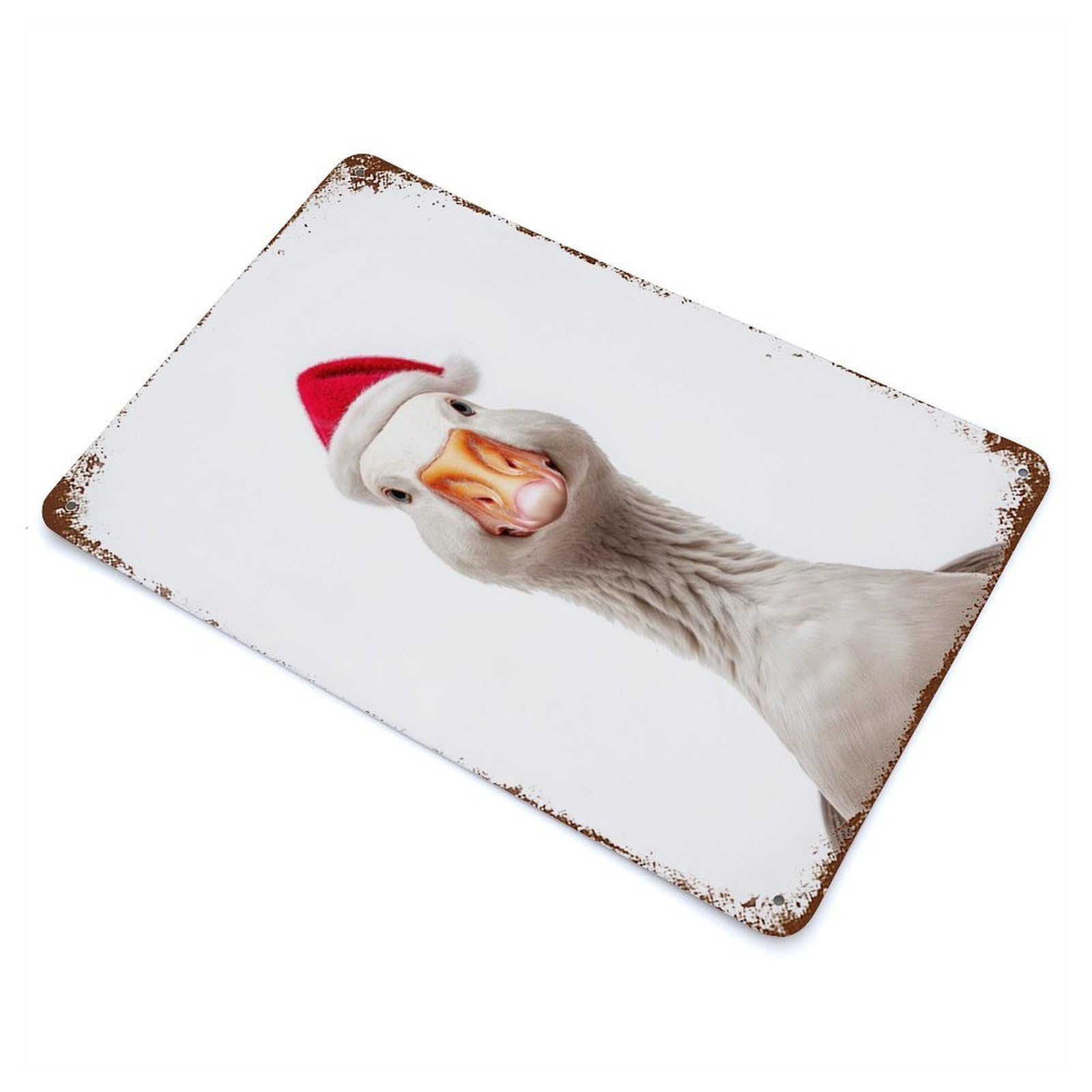Distressed Metal Wall Sign with Goose with Santa Hat Design 11.8"x7.9", for Living Room, Hallway And Home Decor, Vintage Wall Decor