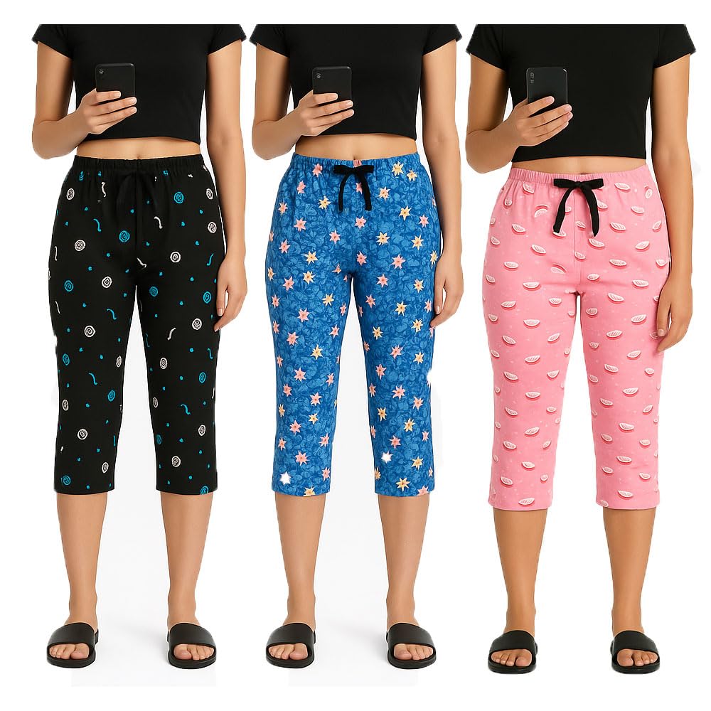 Womens Cotton 3/4th Printed Capri For Girls 3Pack-picture-55