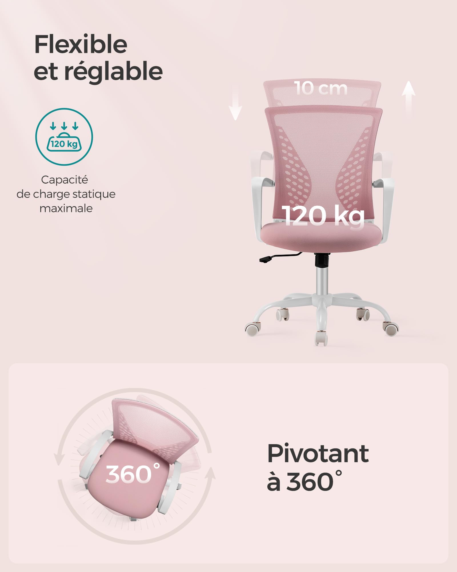 SONGMICS Fauteuil de Bureau en Toile, Chaise Ergonomique, pivotant