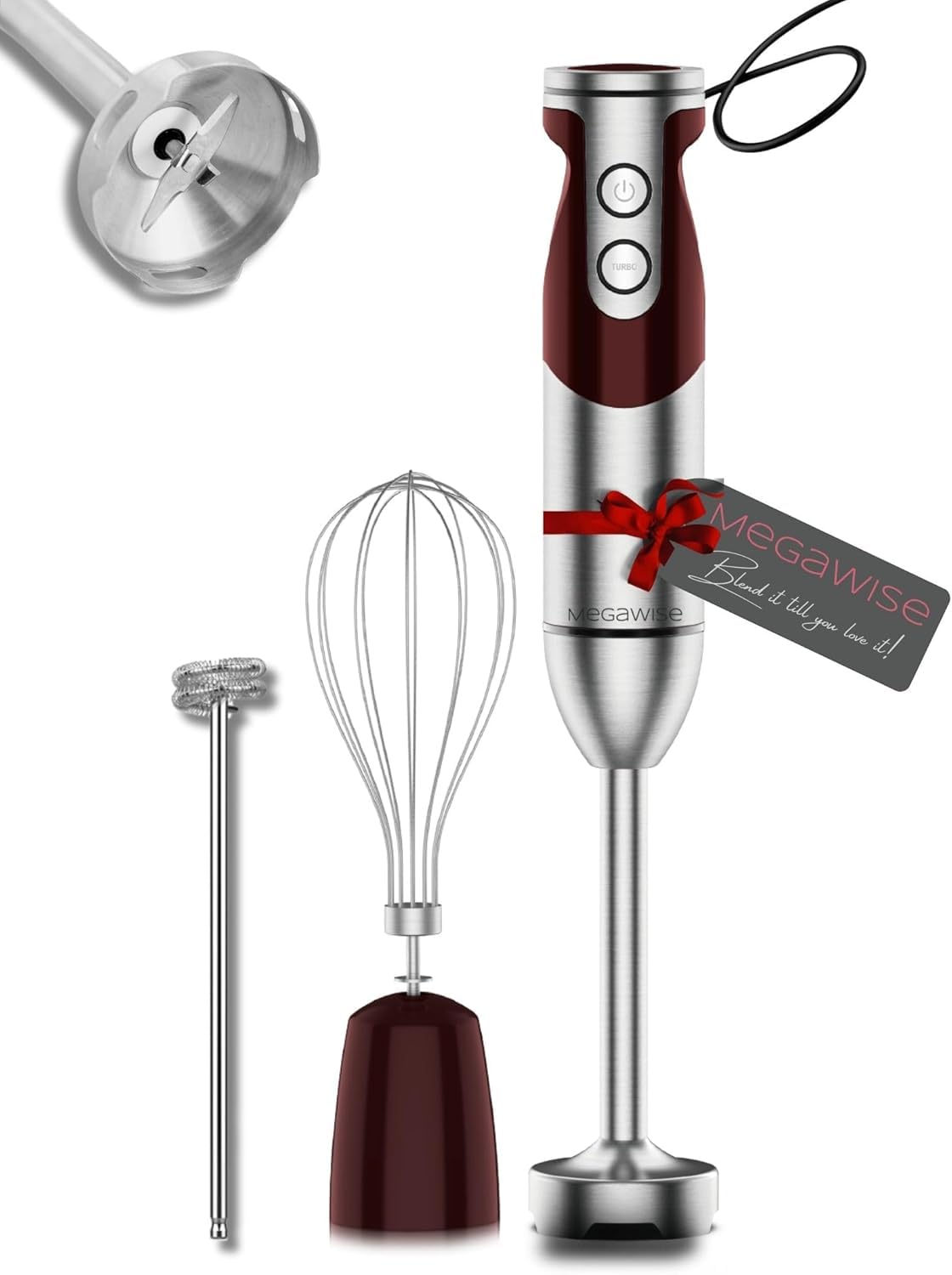 MegaWise 3-in-1 Hand Blender Set with Variable Speed Control, 400W Immersion Blender - Includes Whisk, Milk Frother, Chopper, and Beaker for Smoothies, Soups, and Baby Food (RED)