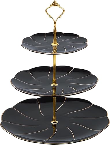Miniatura 11 de DUJUST Torre de porcelana de lujo de 3 niveles para cupcakes, bandeja de servir estilo británico con borde dorado, soporte de exhibición de postres