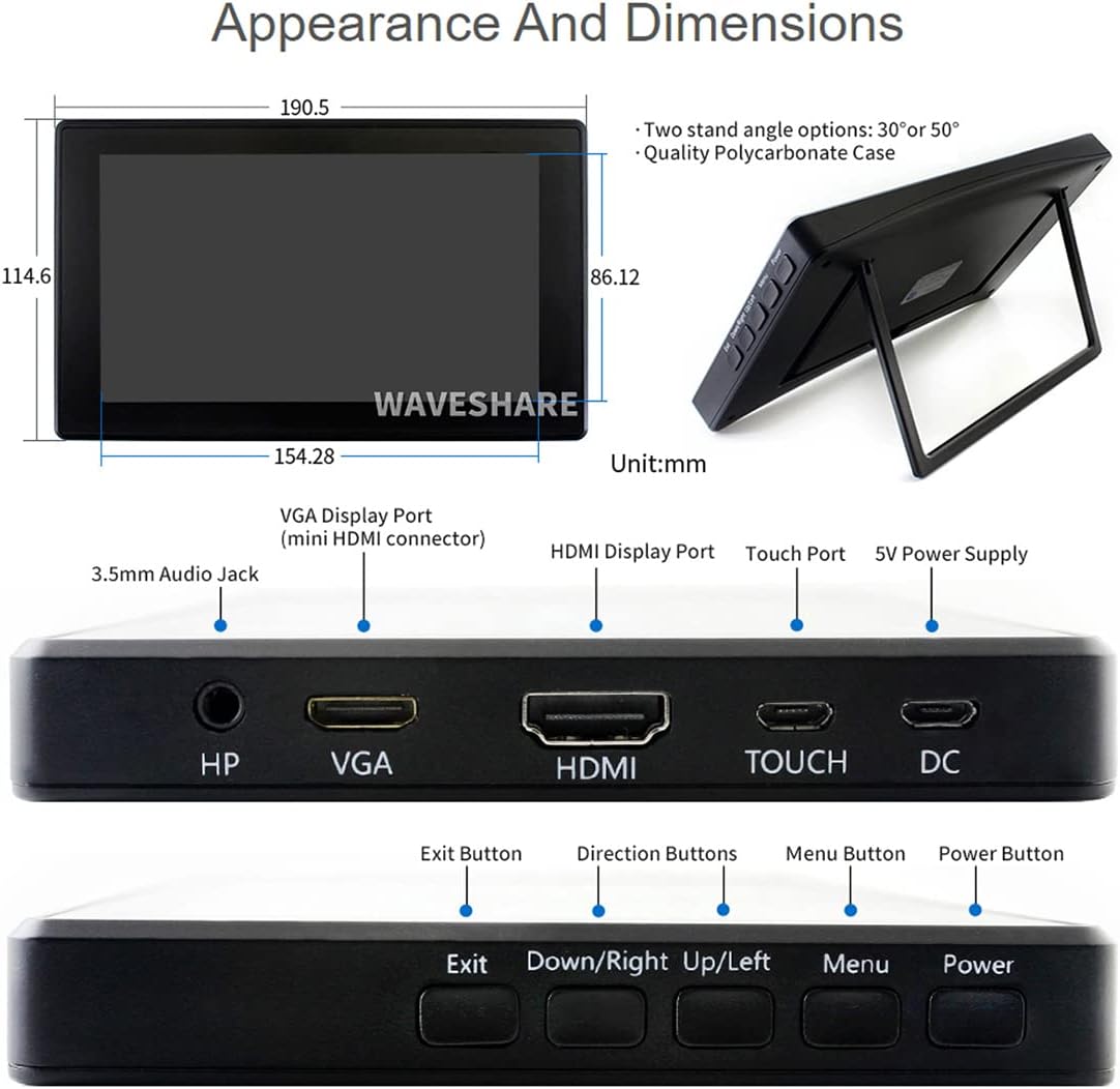 waveshare 7" IPS Display LCD Capacitive Touch Screen Monitor 1024x600 Resolution HDMI/VGA Port, for Raspberry Pi 4B/3B+/3B/2B/A+/Zero W/WH/Jetson Nano/Banana Pi/Windows 10/8.1/8/7