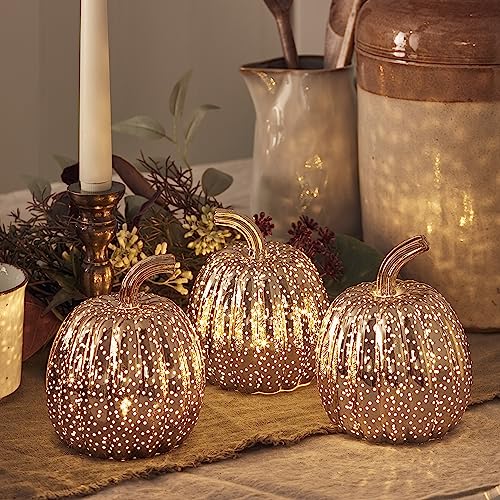 Lights4fun 3er-Set Glas-Kürbisse | Warmweiße LEDs | Batteriebetrieb & Timer | Leuchtende Herbst Deko Halloween Windlicht Tischdeko… – Ansicht 4