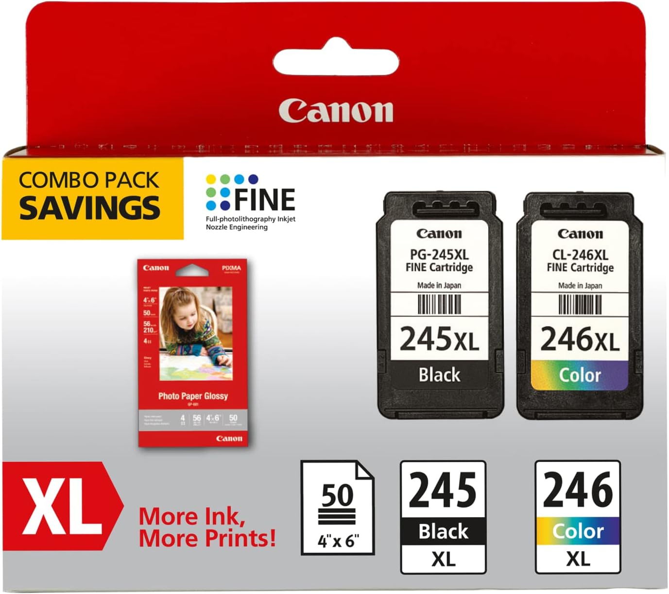 Canon PG-245 XL / CL-246 XL Genuine Ink Value Pack (2 Cartridges) with 50-Sheet Photo Paper, Compatible with iP2820, MG2420/2924/2920/3020/2522/2525, MX492, TS3120/302/302a/202/202a/4520/3320