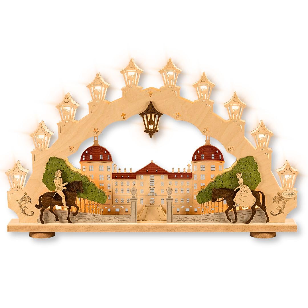weigla - Schwibbogen original Erzgebirge I Motiv Moritzburg I Lichterbogen Weihnachten I 15 Lampenkerzen + 1 Ersatzlampe I 15 x 16 V, 3 W, E10 I beleuchtete Weihnachtsdeko innen I aus Holz