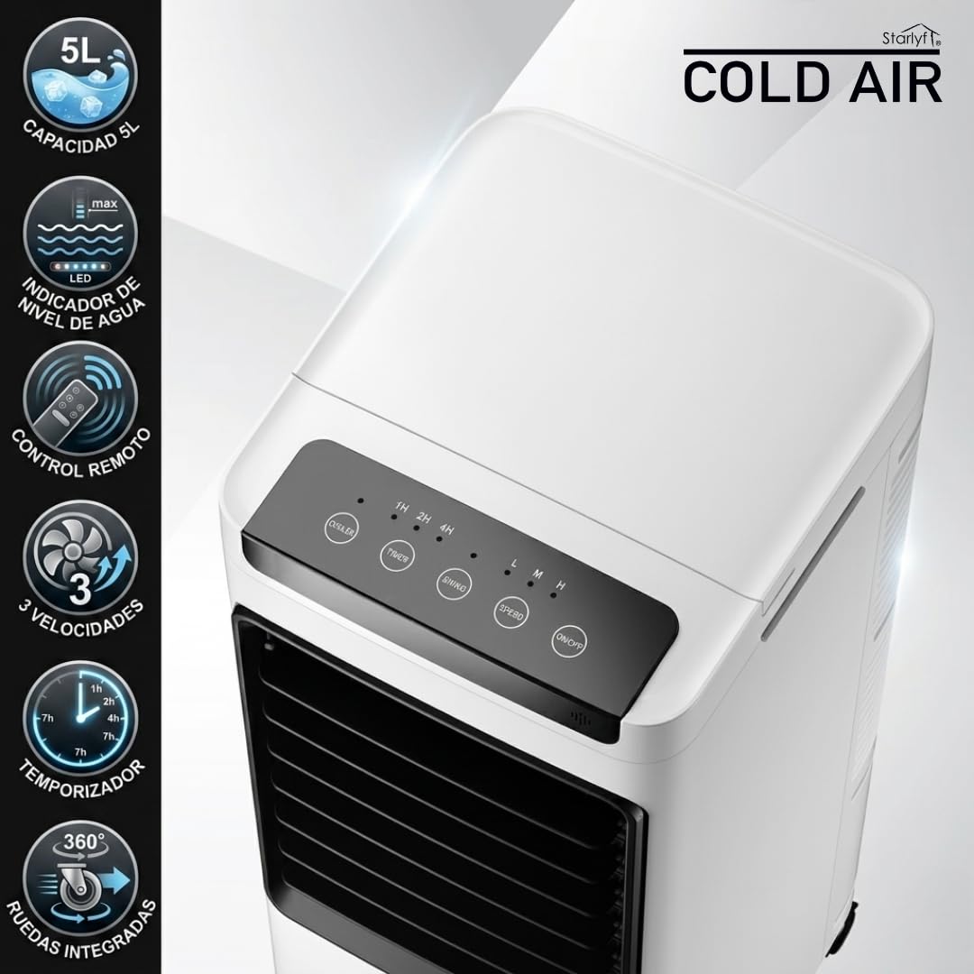 Enfriador de aire portátil 3 en 1 con depósito de agua 5L, ventilador evaporativo con 3 velocidades, temporizador y mando a distancia, climatizador portátil compacto con ruedas para hogar y oficina