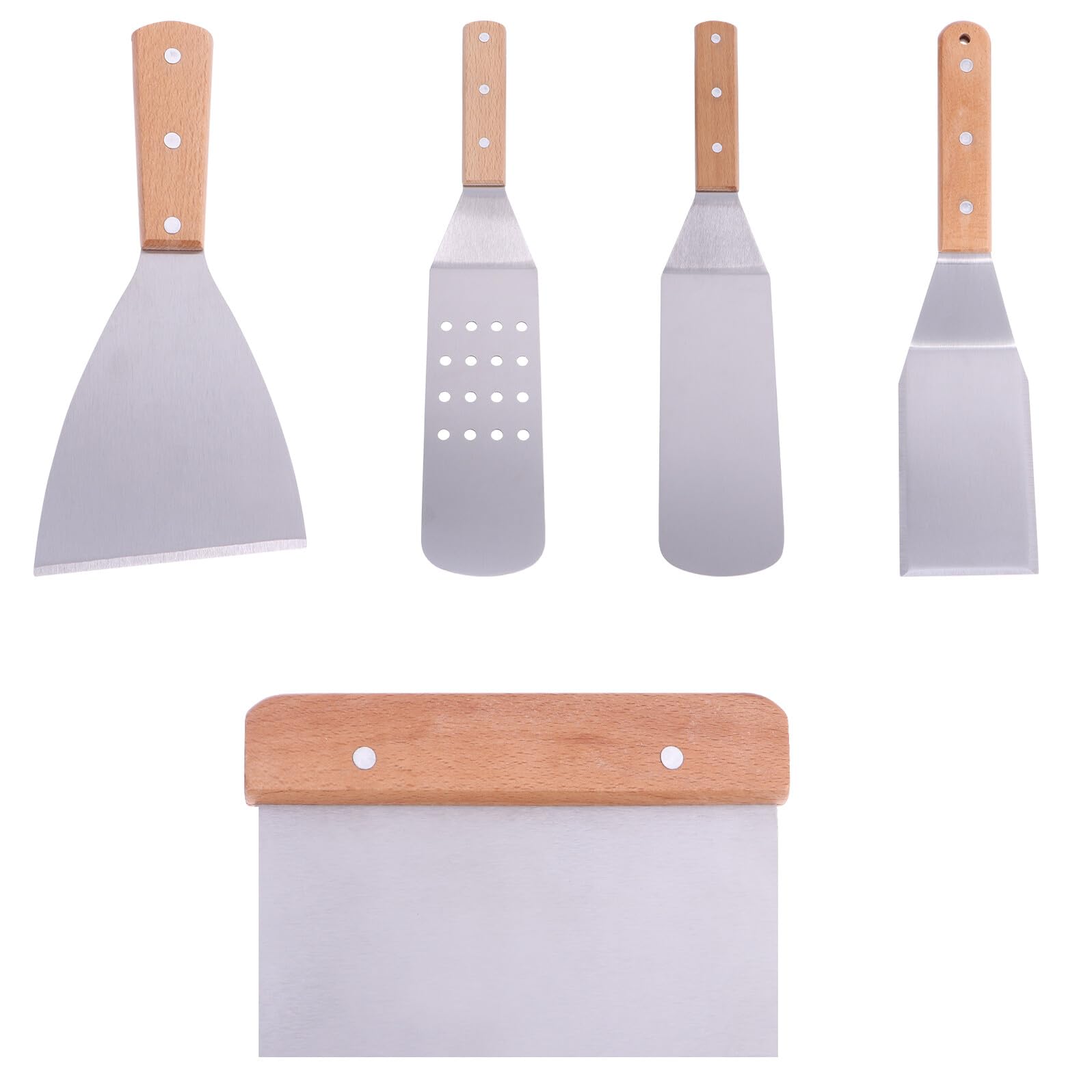 Espátulas de Cocina Acero Inoxidable 5 Piezas Mango de Madera Pala de Transferencia Multifuncional para Pizza Filetes y Repostería Utensilios Prácticos para Hogar y Restaurante
