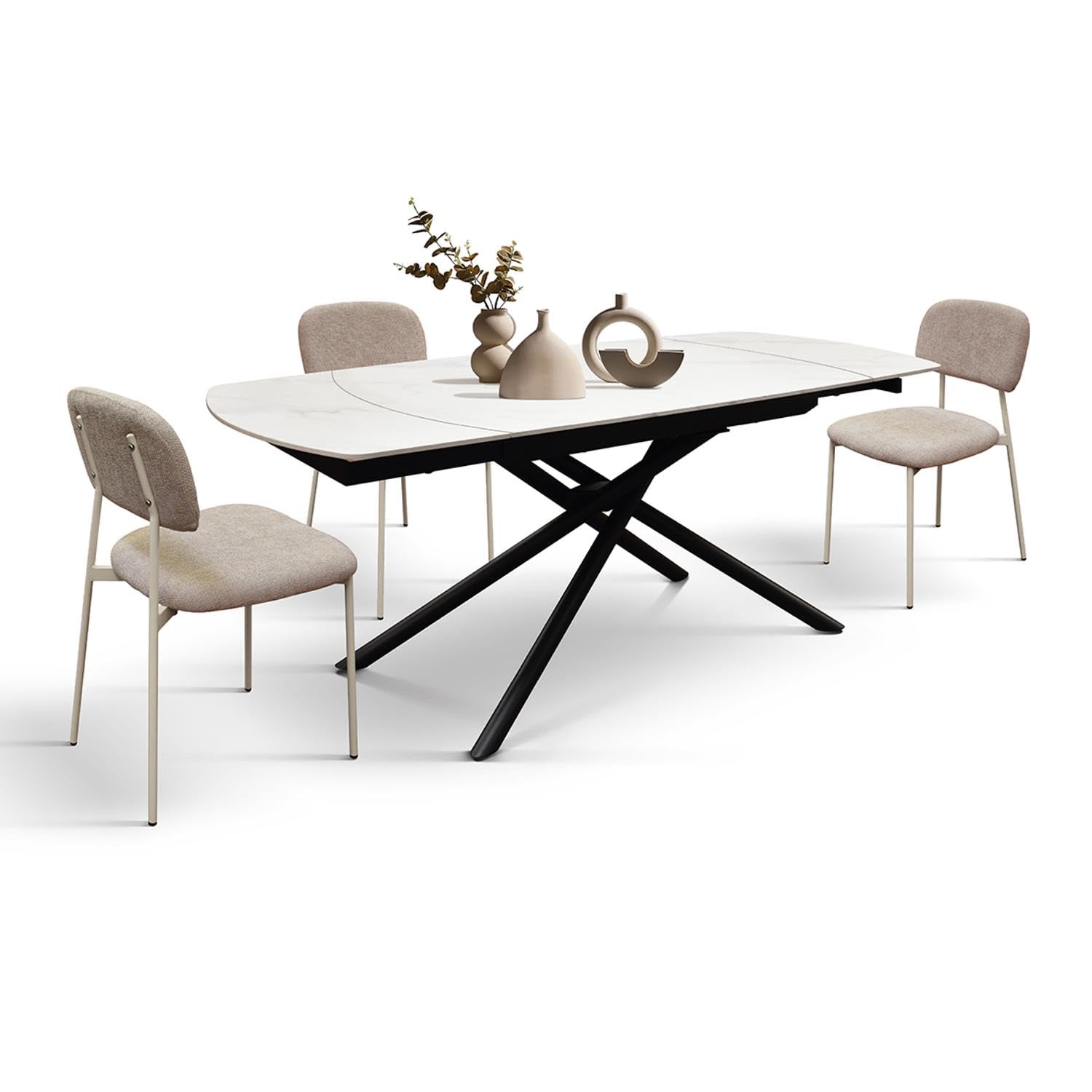 KONTE.DESIGN Tavolo BONIFACIO in ceramica bianco statuario e base in metallo verniciato nero, allungabile 120x88 cm - 180x88 cm