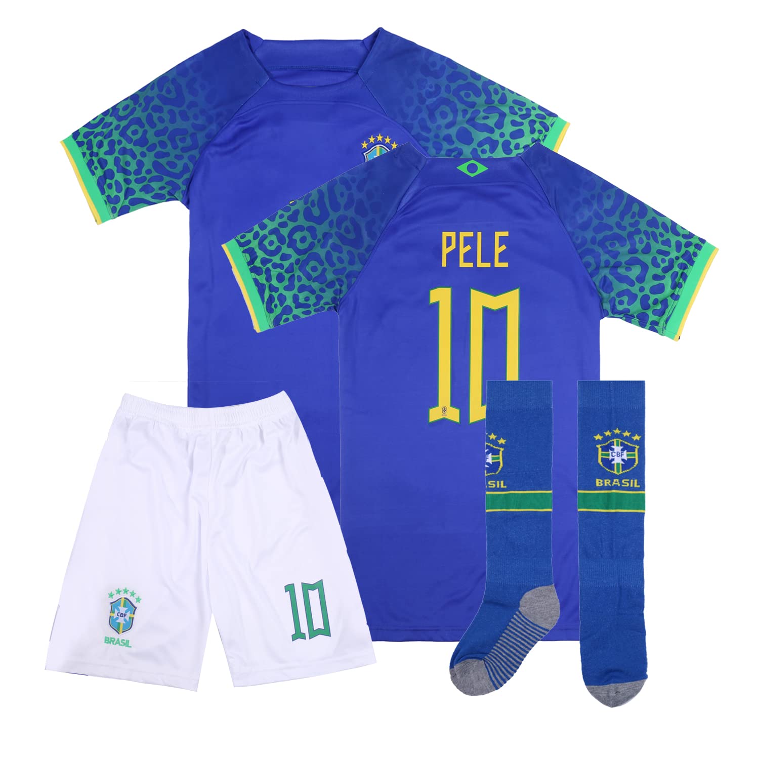 VLICKO Brazil National Soccer Pele #10 Kids Jersey/Short/Socks Home Away, Blue, 7-8 Years