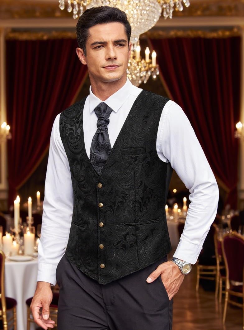 COOFANDY Mens Paisley Tuxedo Vest Victorian Steampunk Gothic Suit Vest Slim Fit V-Neck Waistcoat