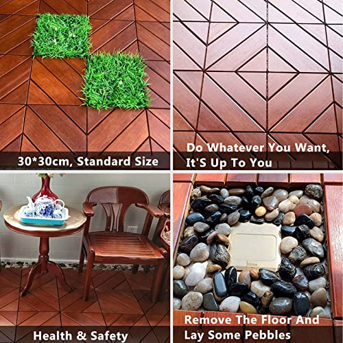 Rowgee Oblique Spelling Wooden Floor Tiles,12" Interlocking Natural Wood Decking Tiles For Indoor & Outdoor Porch Garden Lawn Balcony,Diy Handmade Home Decor-Gamba Bean-14Sheet #TOP1